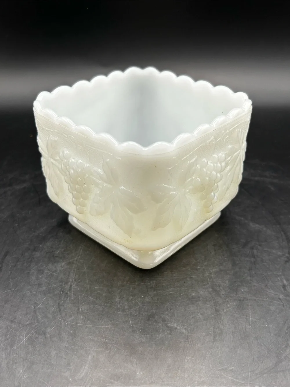 Anchor Hocking White Milk Glass Grape & Leaf Square Pedestal Bowl